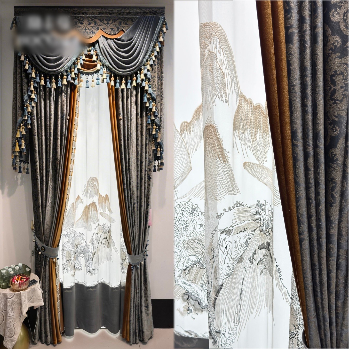 European grey bronzing embroidery flannel valance window curtain tulle M1911