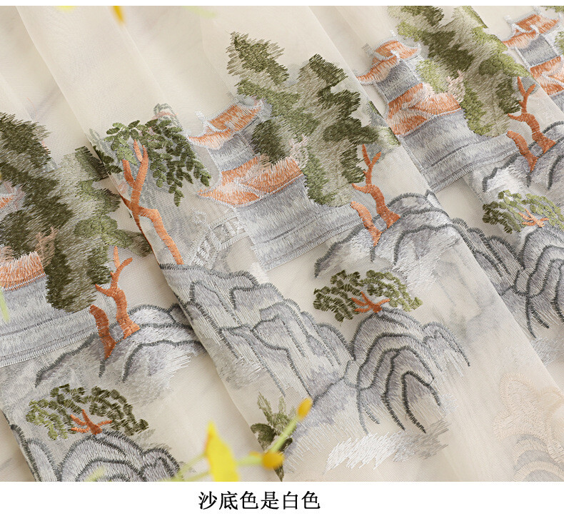 Custom Chinese landscape embroidery simple grey cloth curtain valance drape C973