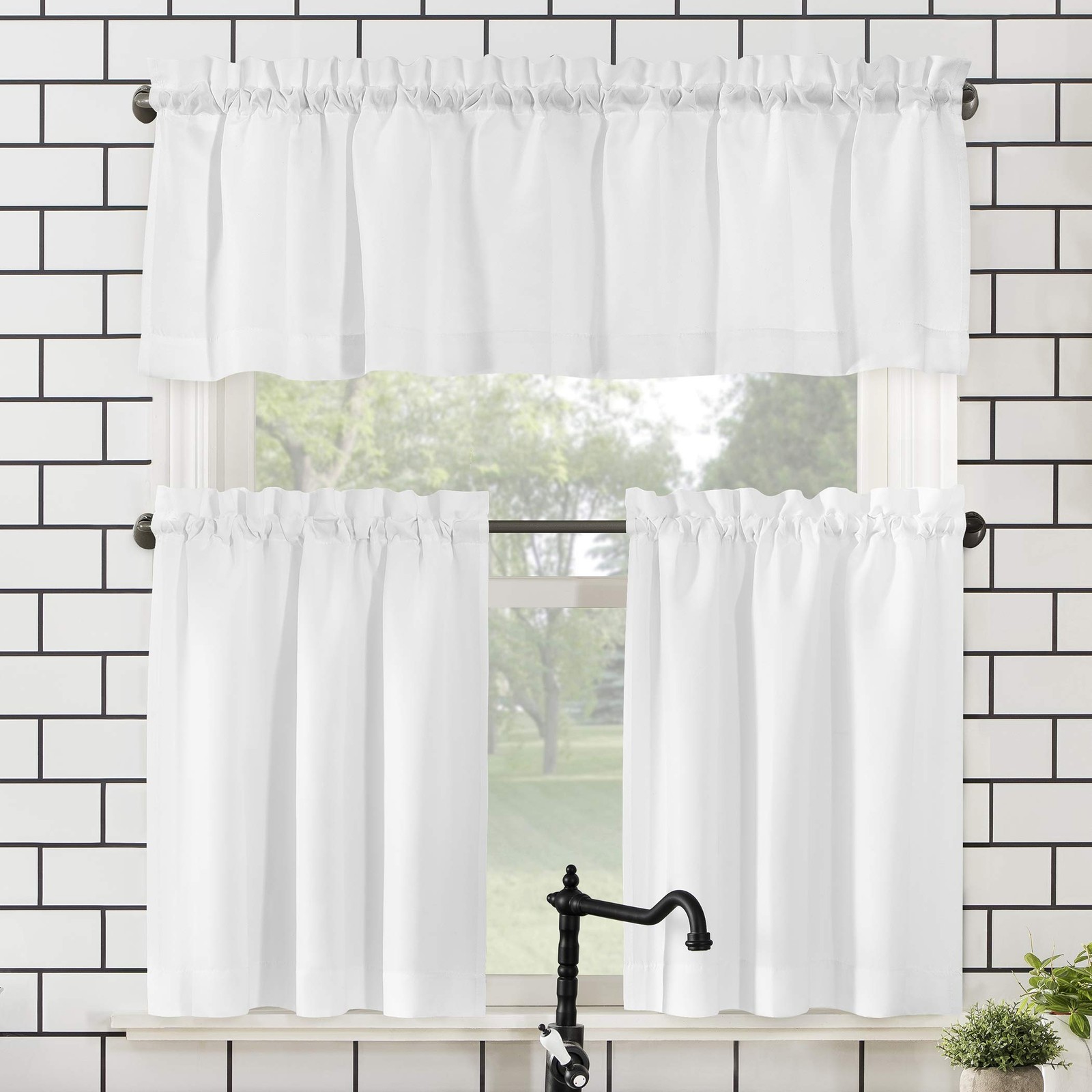 No 918 Martine White Microfiber Semi Sheer Kitchen Curtain Set 24×54 Inches