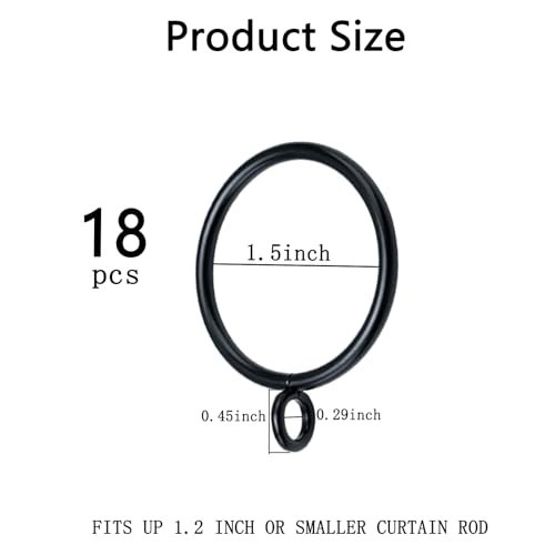18 Pack Curtain Rings with Eyelets, Metal Clip Rings Hanging 1.5in-18pcs Black