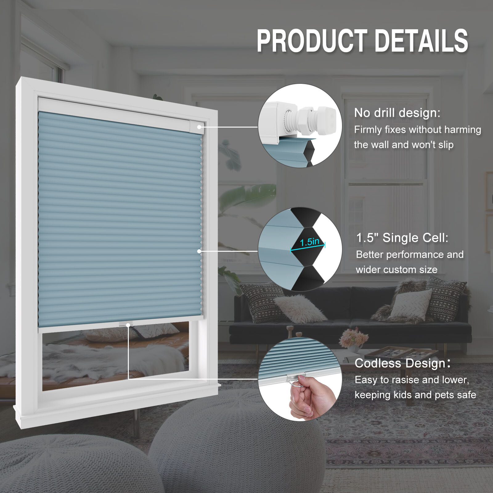 Blackout 1.5” Cellular Shades Honeycombs for Window No Drill No Tools Cordless