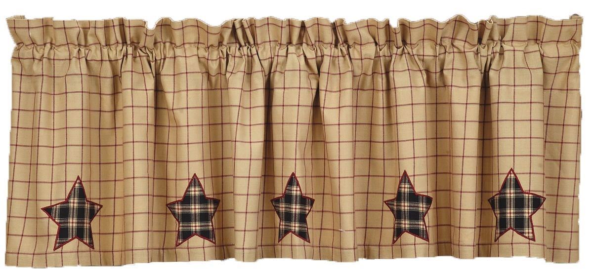 Bingham Star Window Valance Red Tan Windowpane Check w/ Plaid Star Appliques
