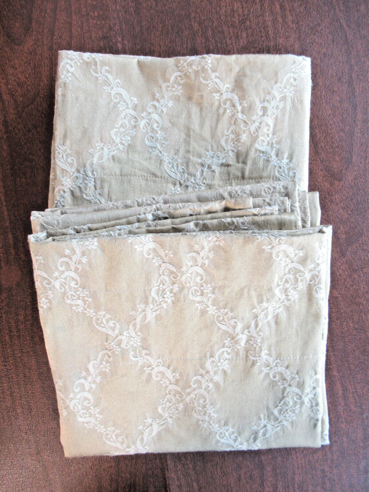 2 Damask Drapery Panels Tan Medium Weight Cotton Blend Unlined Custom Look 85″ L