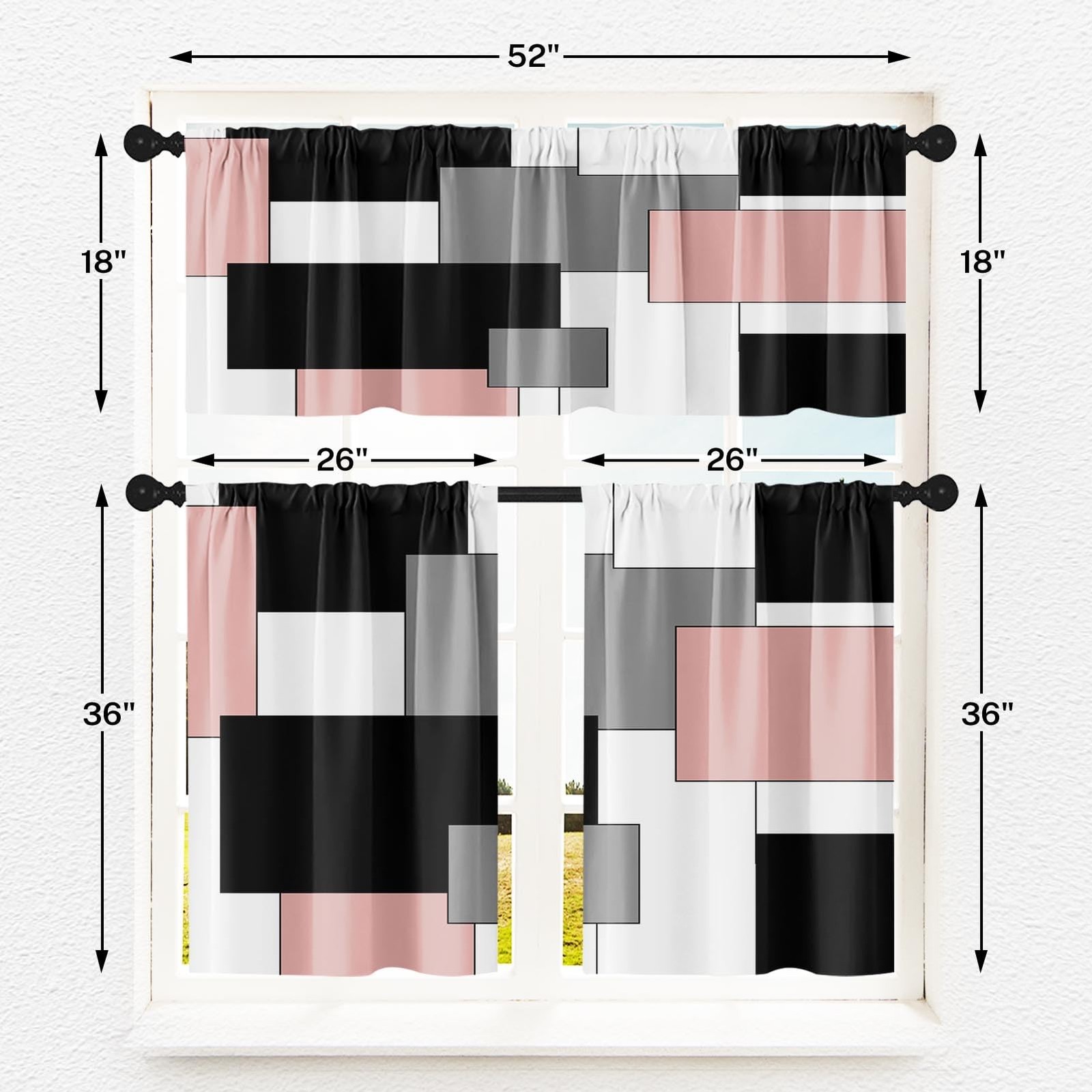 Tayney Pink Kitchen Window Curtains Valance and Tier Set 36 Inch, Black Grey …