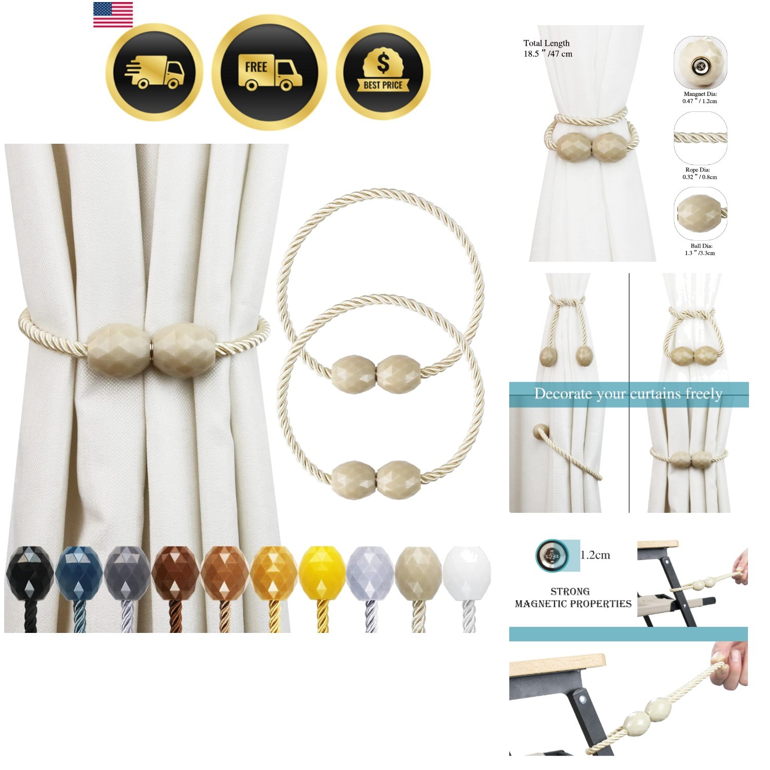 Strong Magnetic Curtain Tiebacks Beige 2 Pack Decorative Tie Backs Outdoor Cu…
