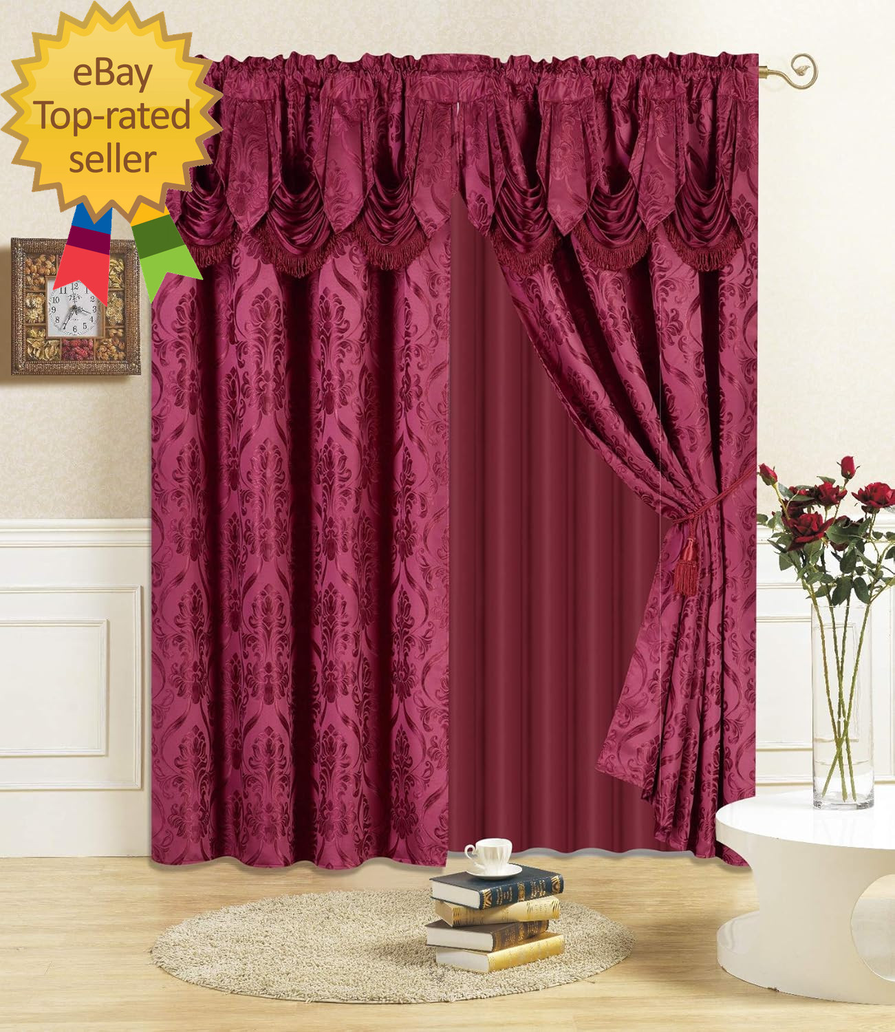 New 4 Piece Drape Set with Attached Valance and Sheer 2 Tie Backs Included