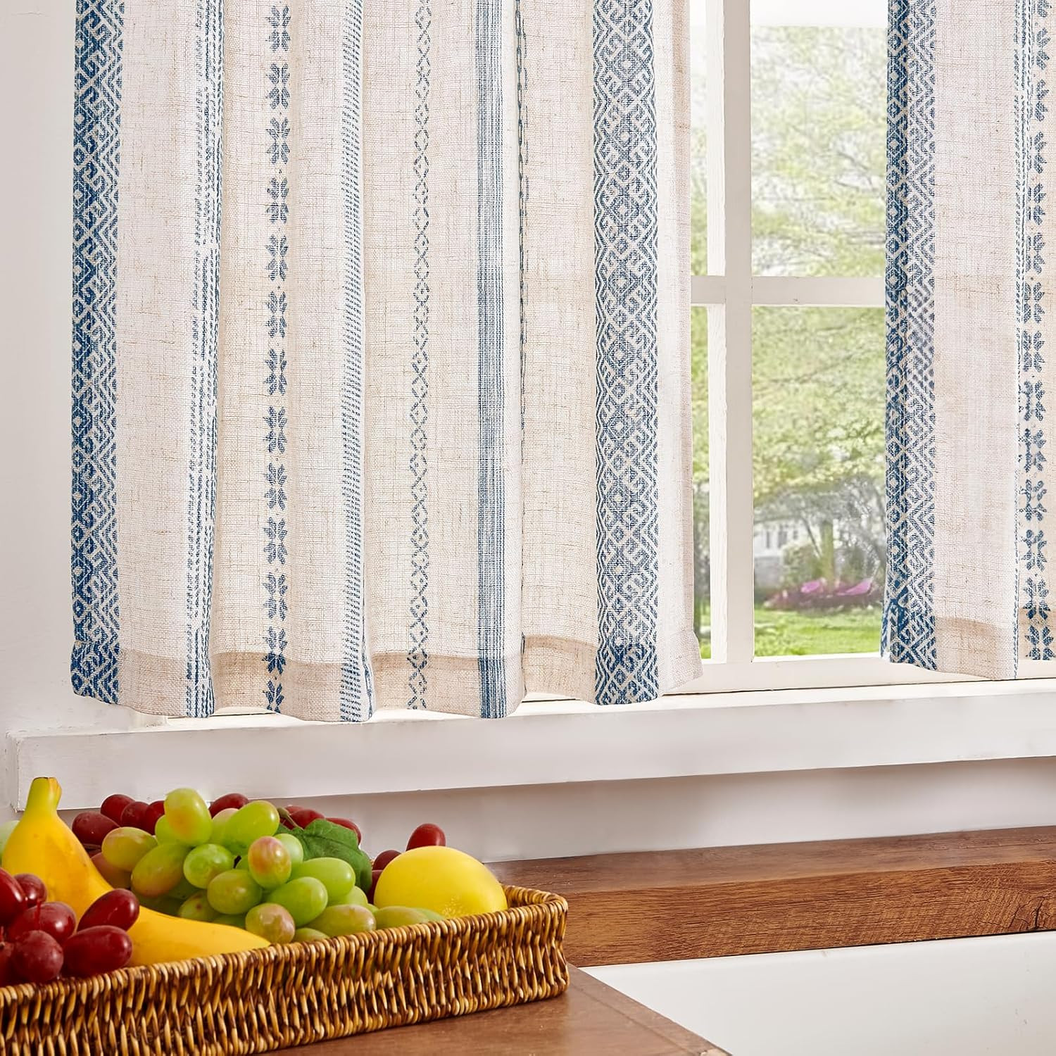 Boho Kitchen Curtains 36 Inch Linen Tier Curtains with Geometric Pattern Bohemia