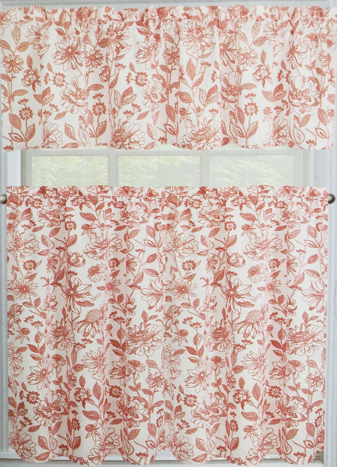 Kitchen Window Curtains Set:2 Tiers(28×36″)&Valance(56×15″)RED FLOWERS,AMELIA,RH