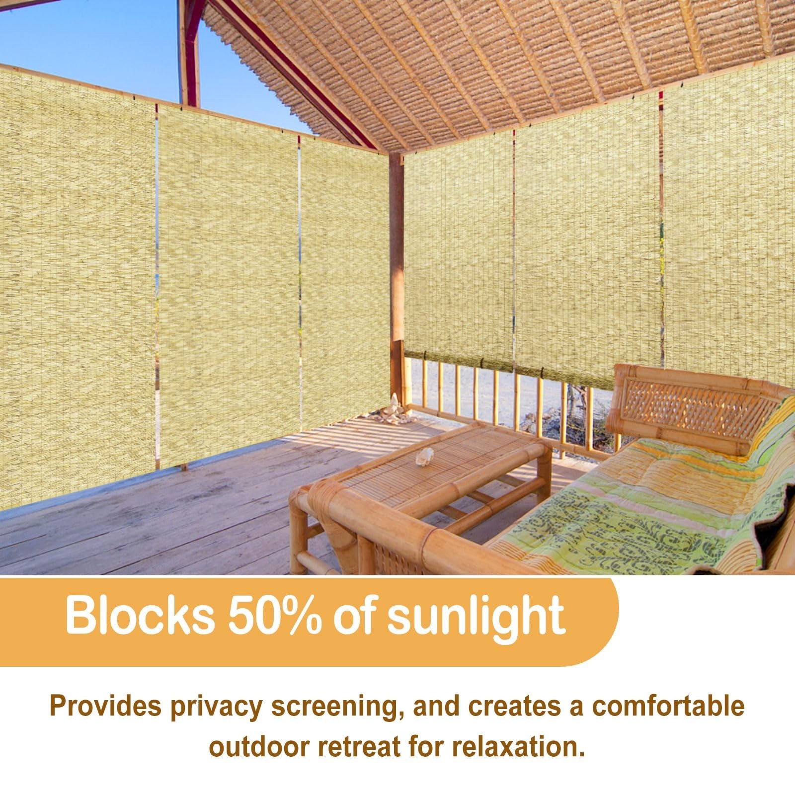 2 Pcs Bamboo Roll Up Blinds 48″ W x 72″ H Outdoor Cordless Shades for Privacy &