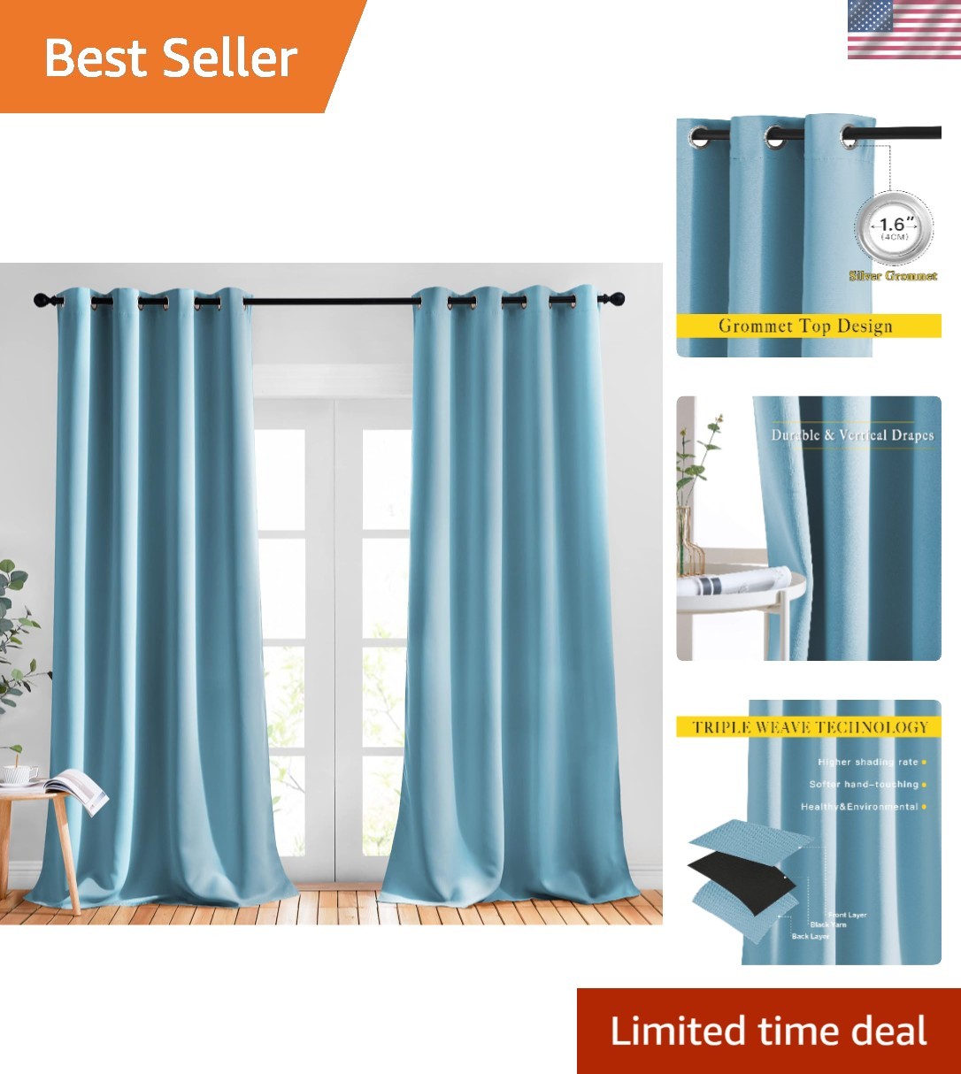 Room Darkening Curtain Panels – 52 inches W x 120 inches L, Teal Blue, 2 Pane…