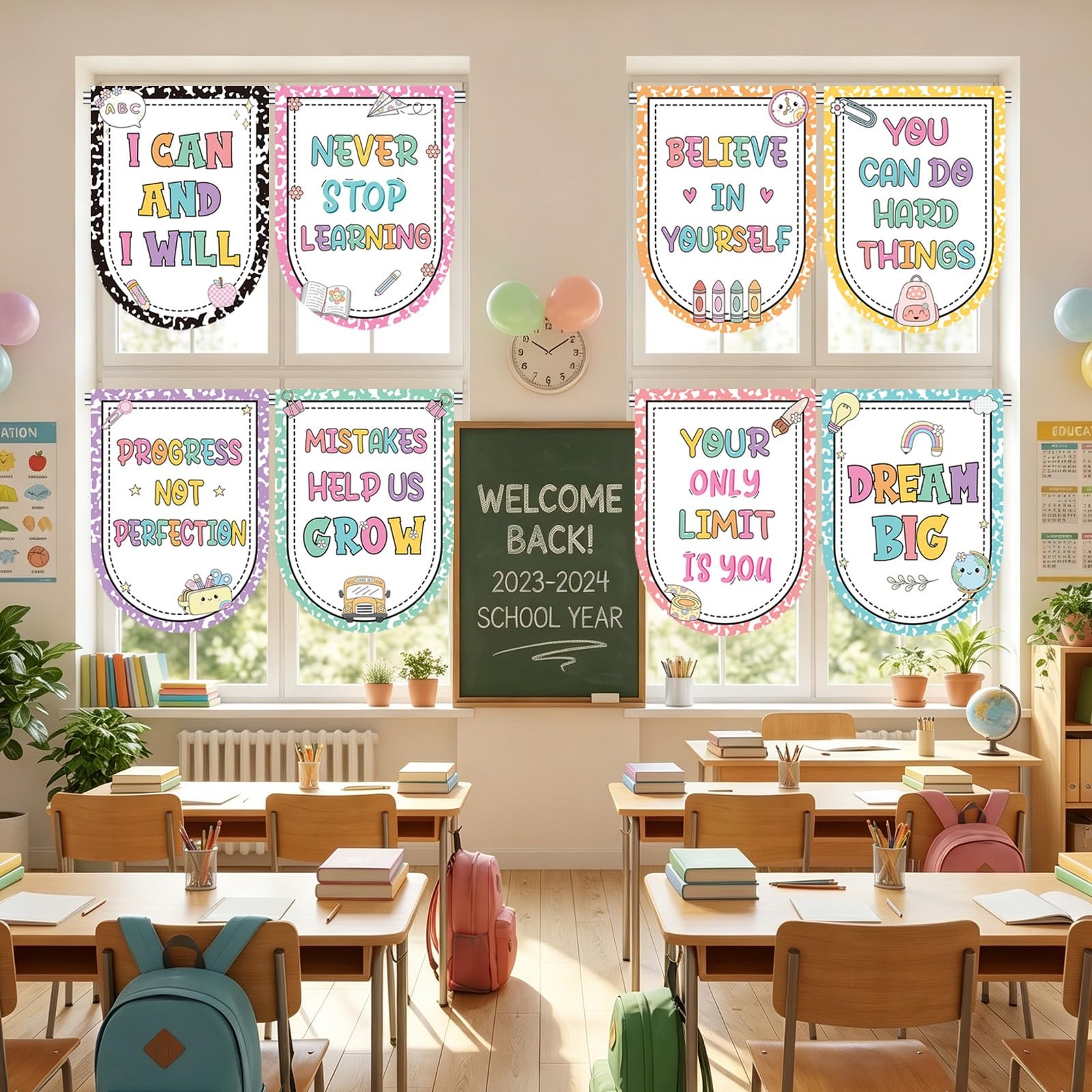 8 Pcs School Classroom Curtains for Windows Motivational Curtains