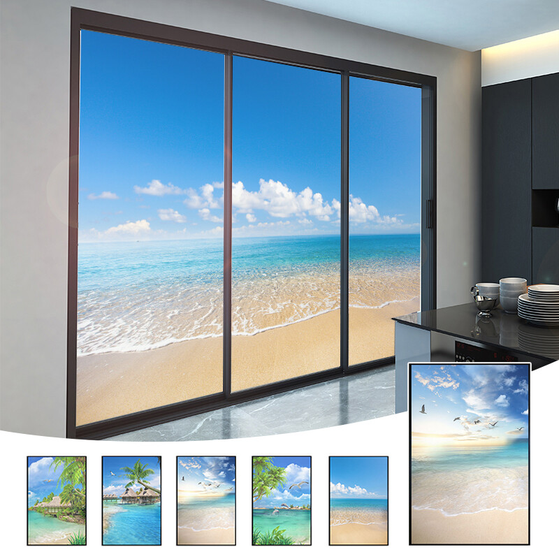 Beach&Ocean Scenery Window Film Decoration Stained Glass Sticker Decor