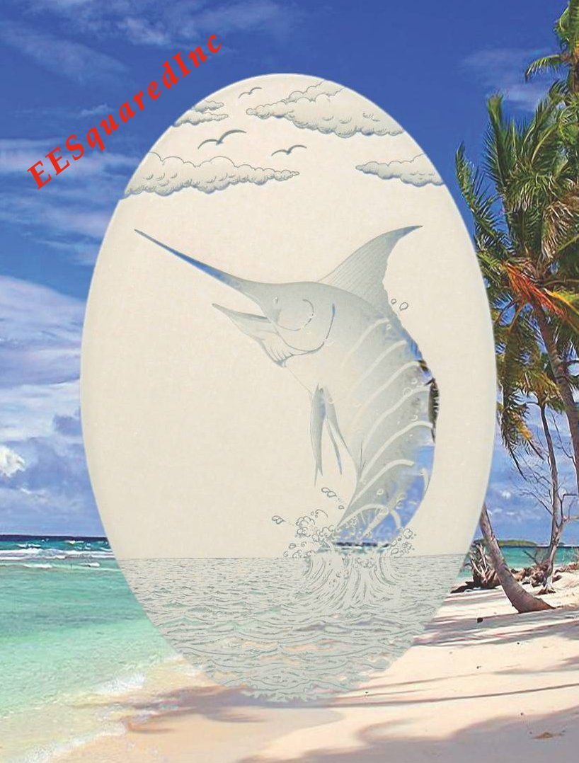 Marlin Window Decal for Glass – OVAL 15×23 Static Cling Tropical Fishing Decor