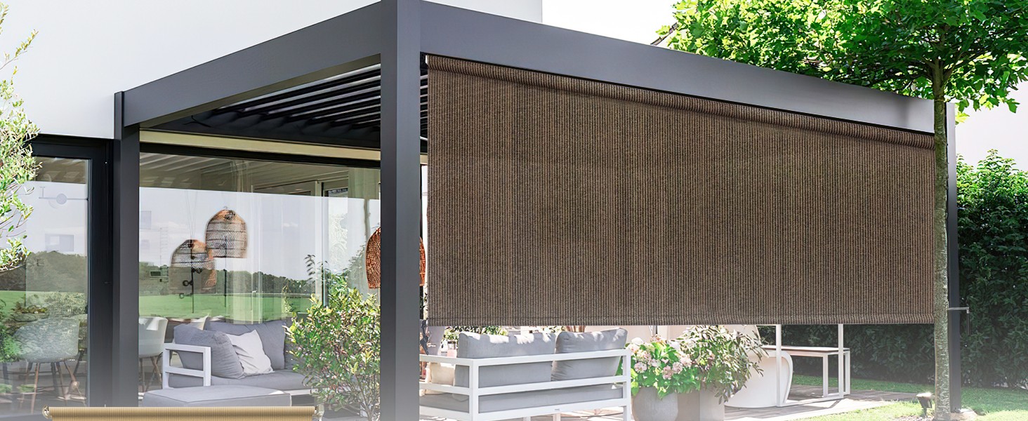 Outdoor Roller Shade 10′ W x 8′ H, Gray Exterior Cordless Patio Shades Roll Up