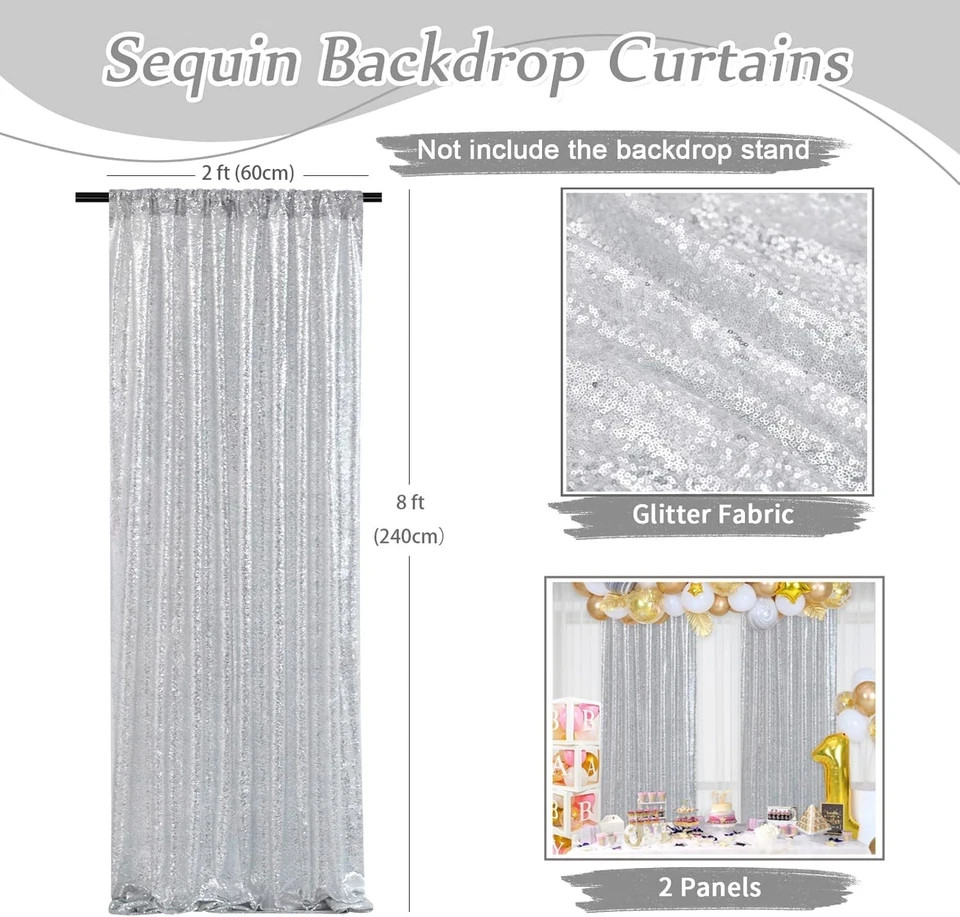 Silver Sequin Backdrop Curtains-2 Panels 2Ftx8Ft Silver Backdrop for Valentines