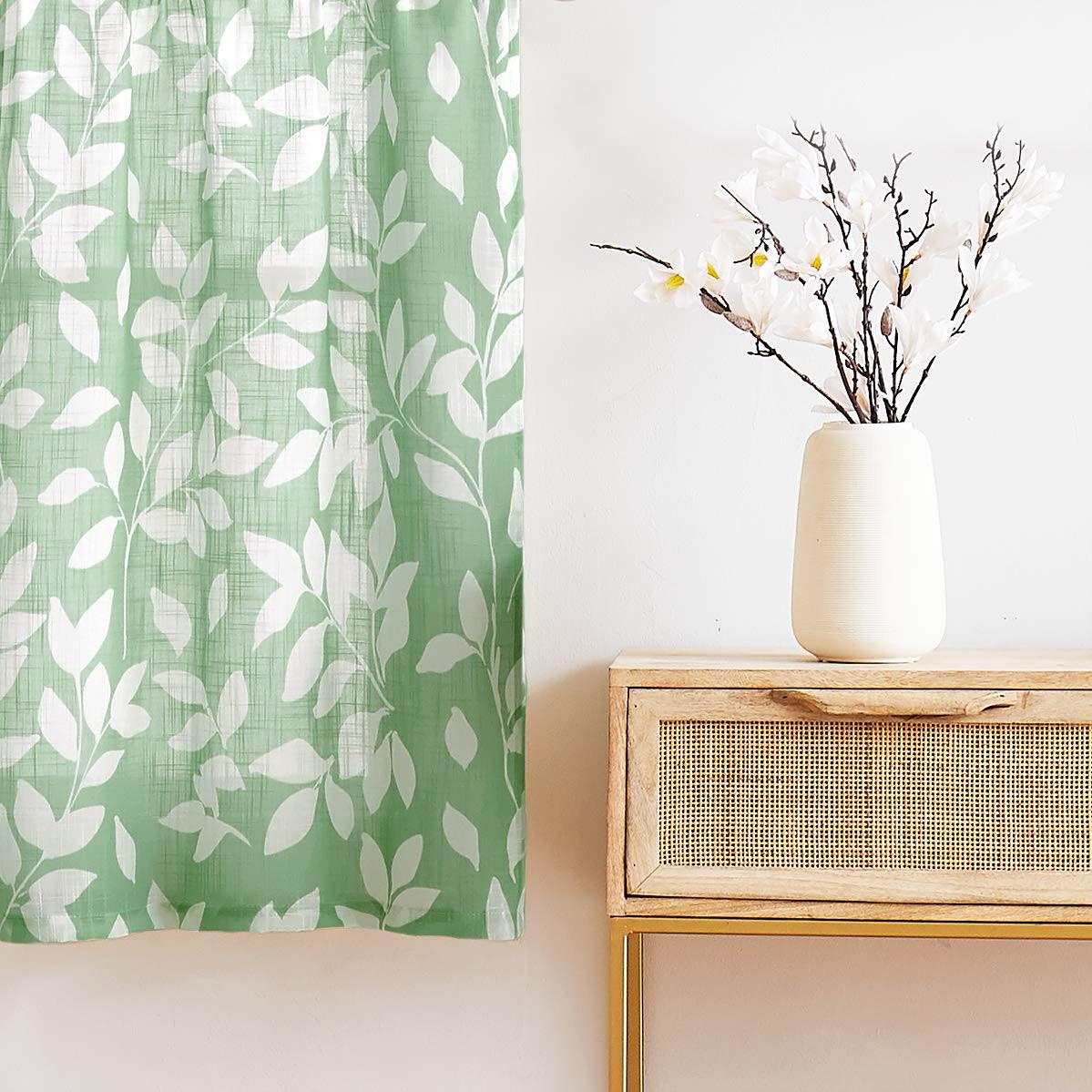 Leaf Print Valance Curtain 52″W 15″L Green White – Kitchen Window Treatment