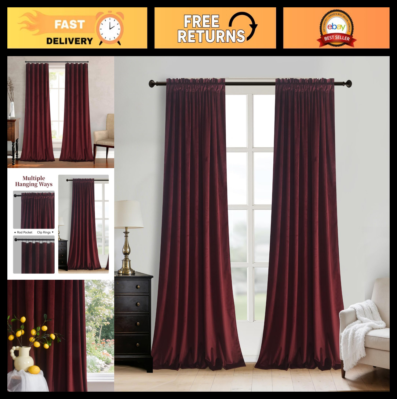 Luxurious Velvet Ruby Wine Curtains – 84″ Thermal Insulated Rod Pocket Drapes, 2