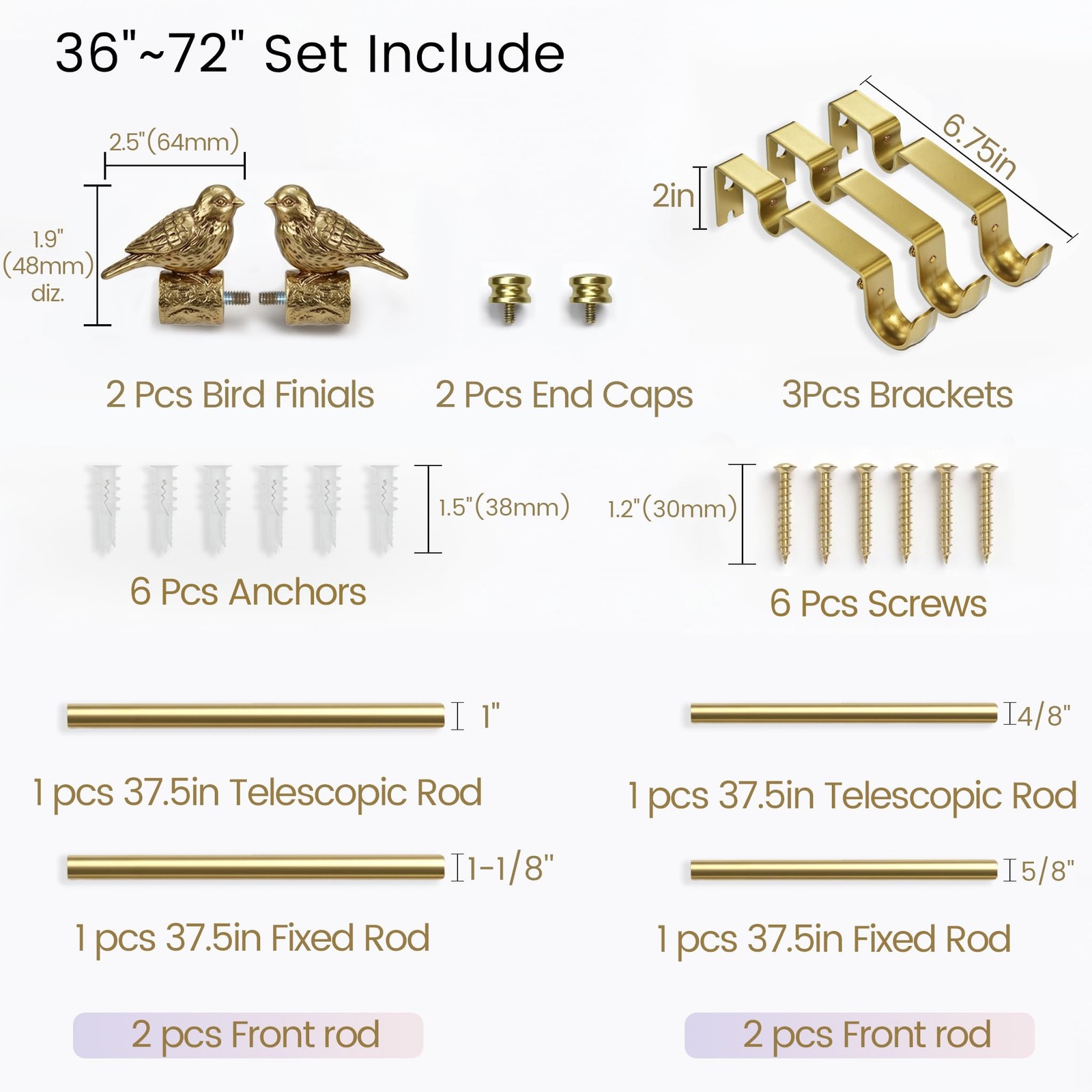 Double Curtain Rod with Bird Finial, For Window 24-68 In, Gold Drapery Rod