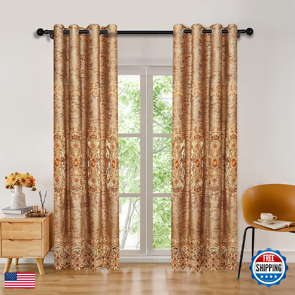 Elkca European Embroidered Curtains For Living Room Luxury Brown Embroidered