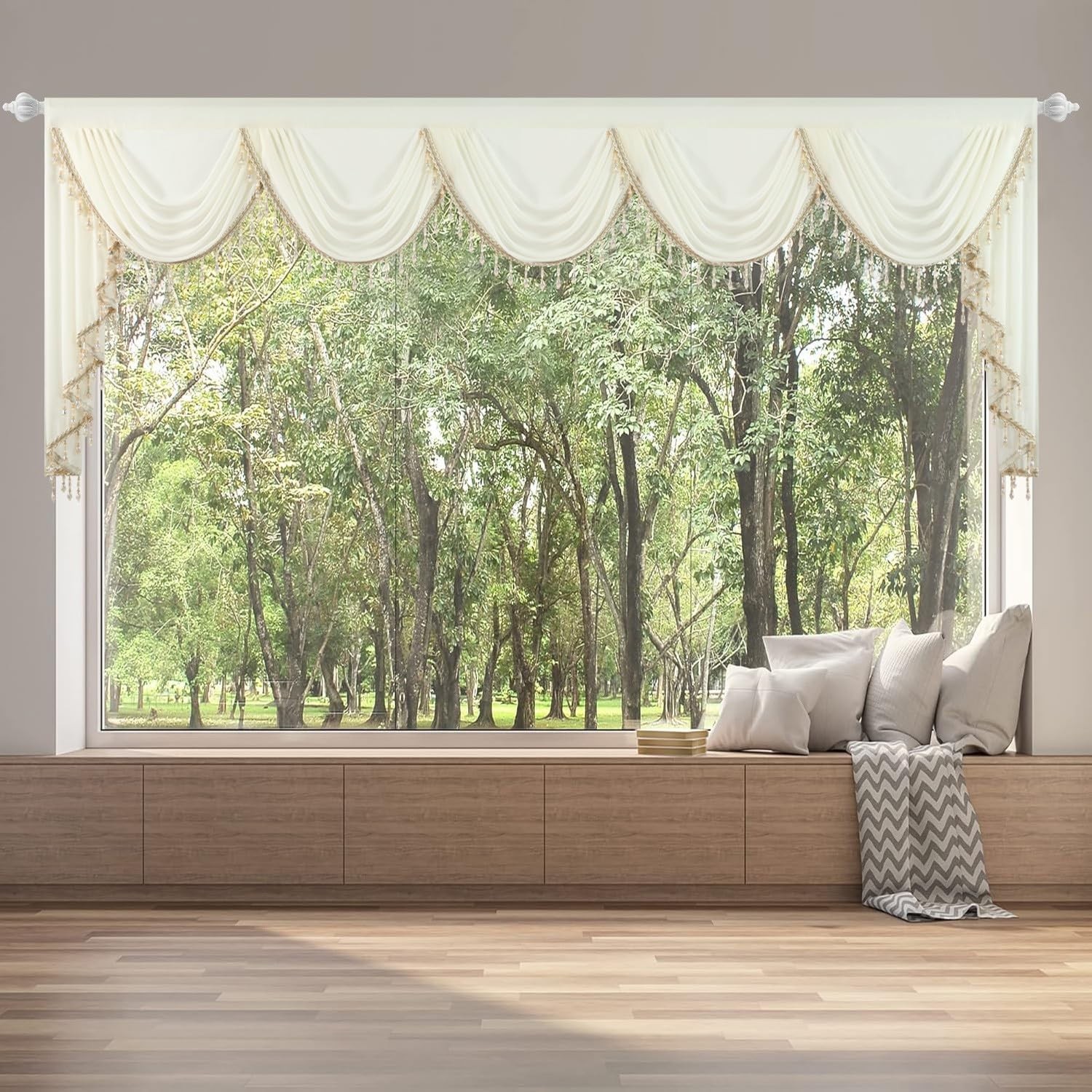 Leeva 138 Extra Wide Beige Waterfall Valance Luxury Voile Swag Beaded Tassels