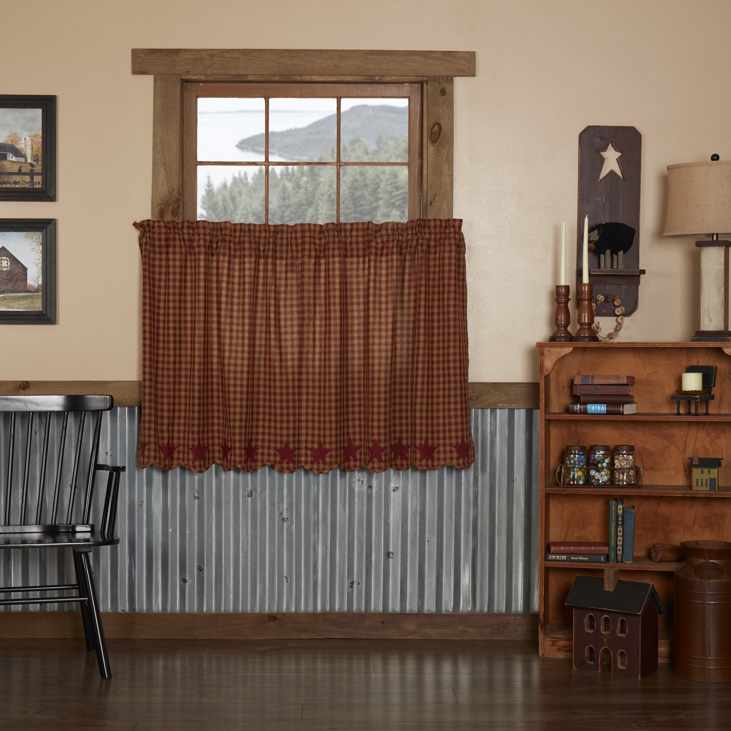 Primitive 36″x36″ Tier Pair Red Rod Pocket Kitchen Window Curtains VHC Brands