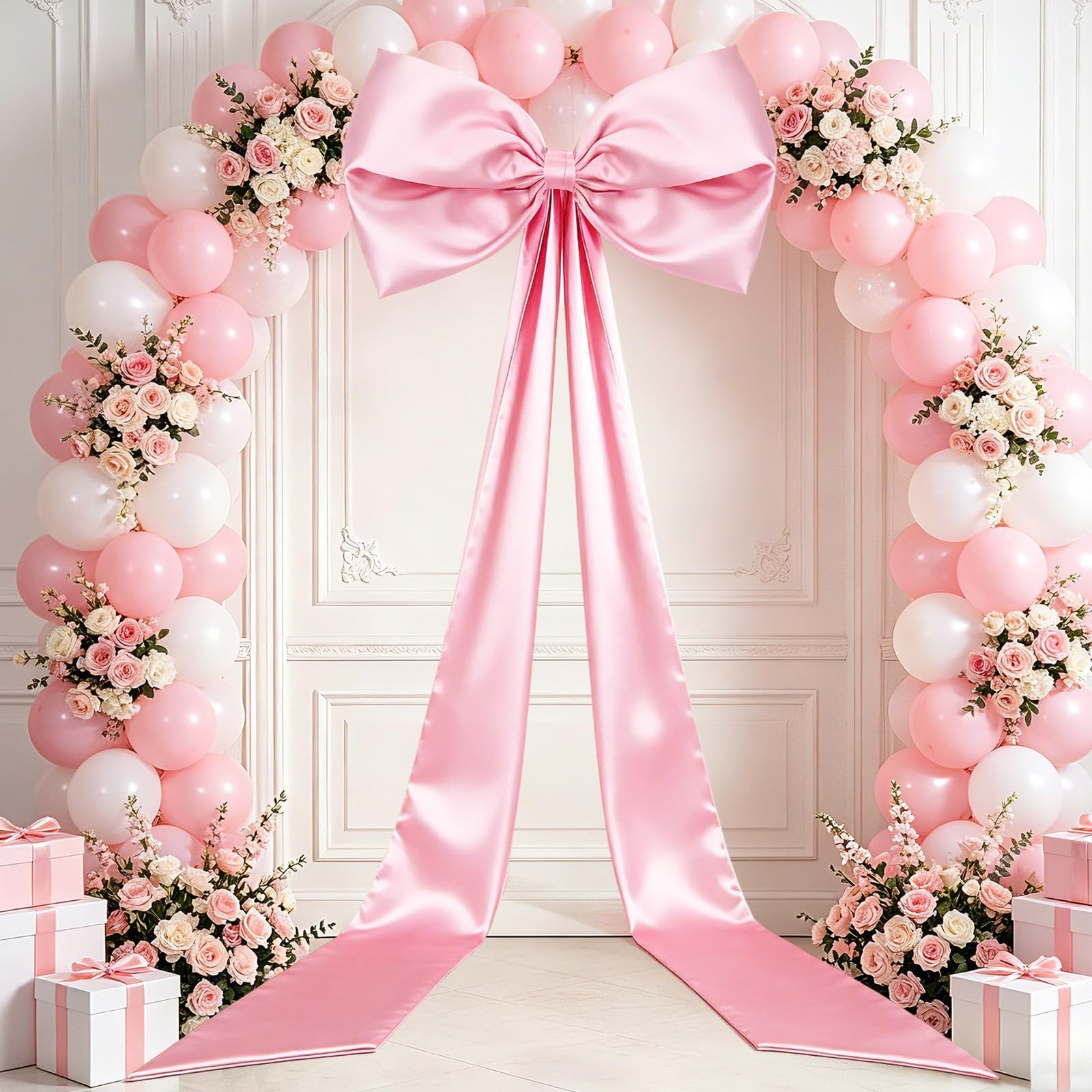27×122 Inch Giant Pink Bow Satin Streamers Coquette Birthday Christmas Decor