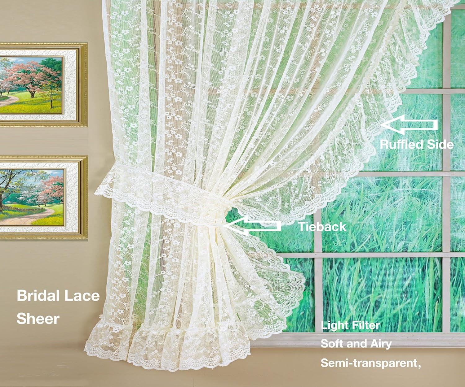 Ivory Priscilla Lace Ruffled 5-Piece Bridal Curtain Set, 84″ Length