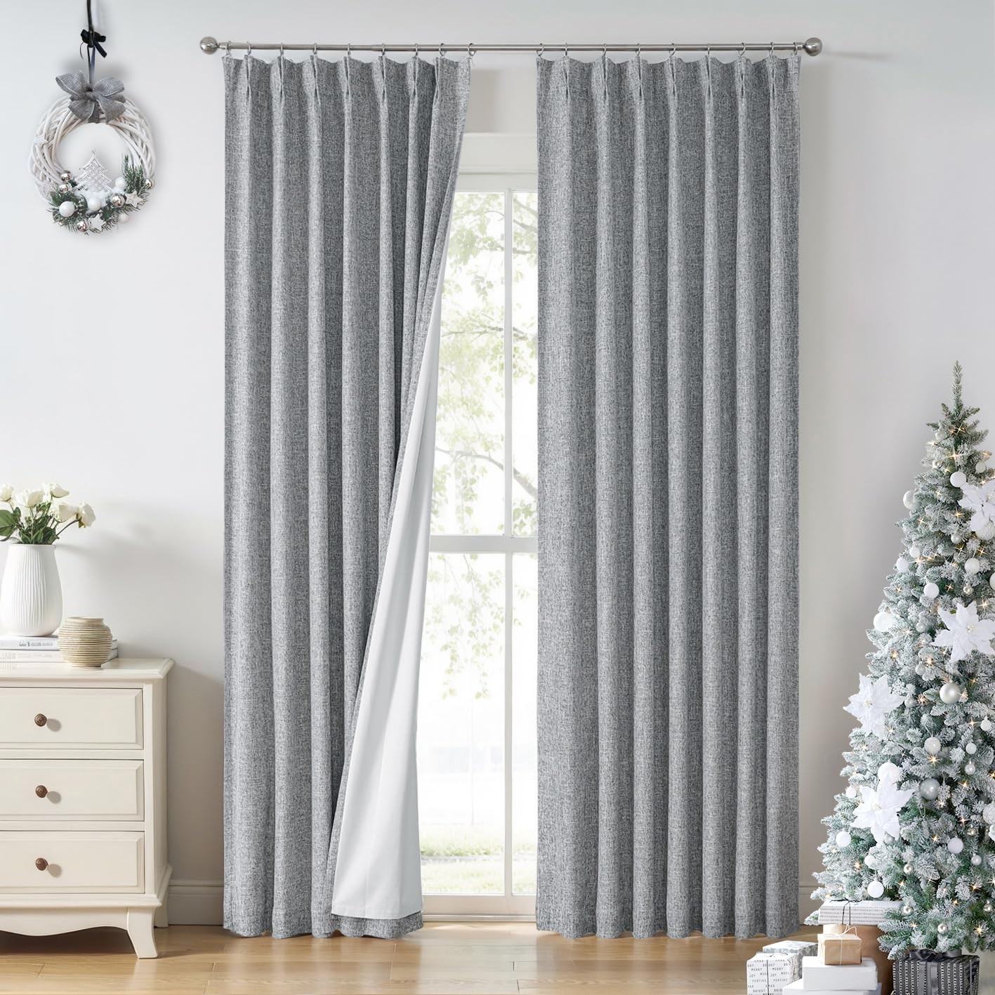 Central Park Pinch Pleated Full Blackout Curtain Panels Linen Texture Thermal