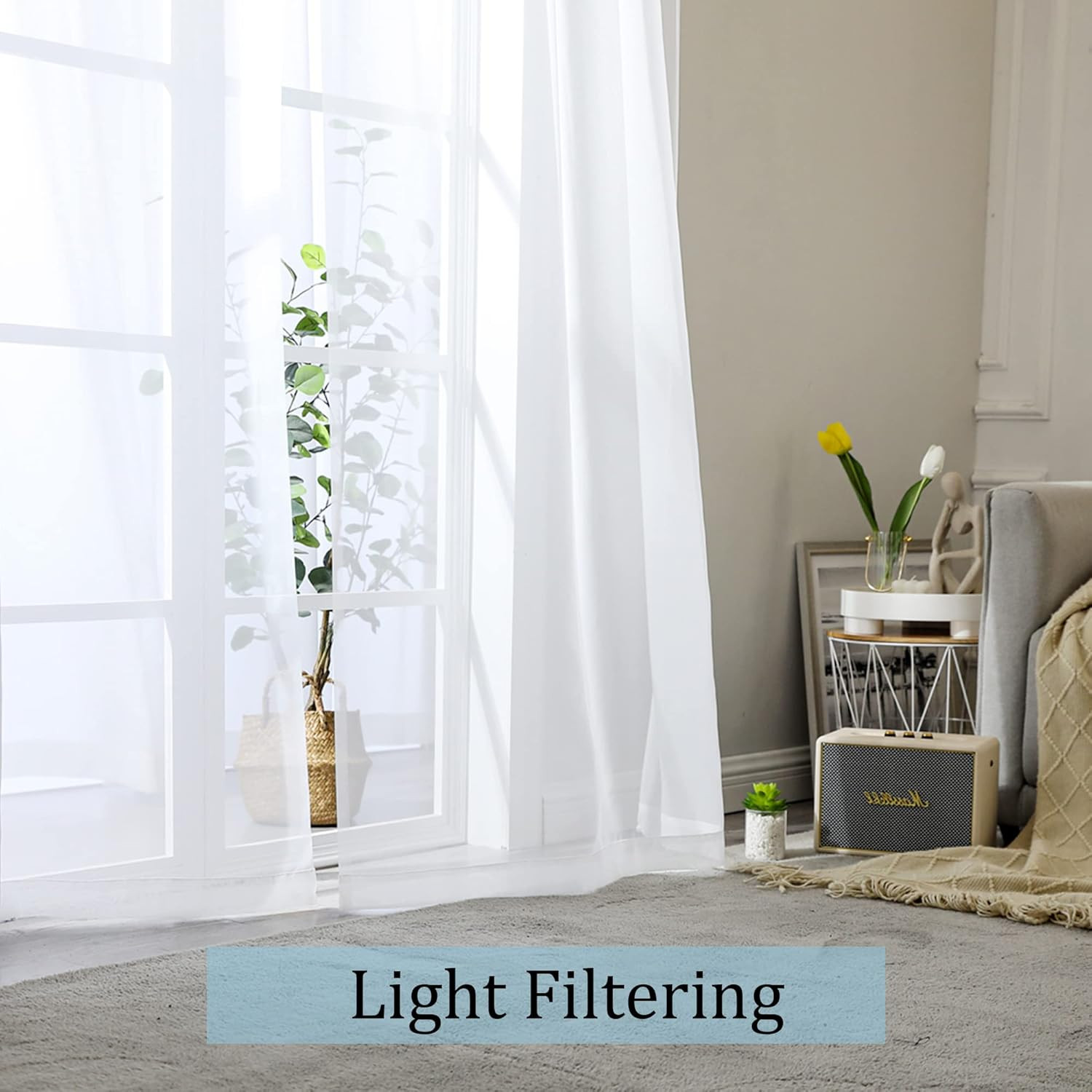 White Sheer Curtains 45 Inch Length 2 Panel Rod Pocket Window Drapes 42×45