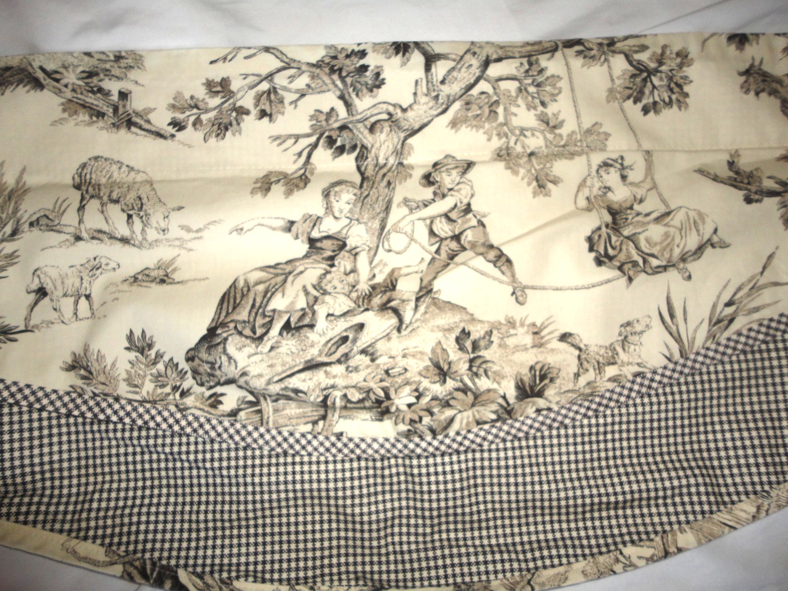 WAVERLY COUNTRY TOILE BROWN CREAM GINGHAM SWINGS MULES (2) VALANCES 14X50