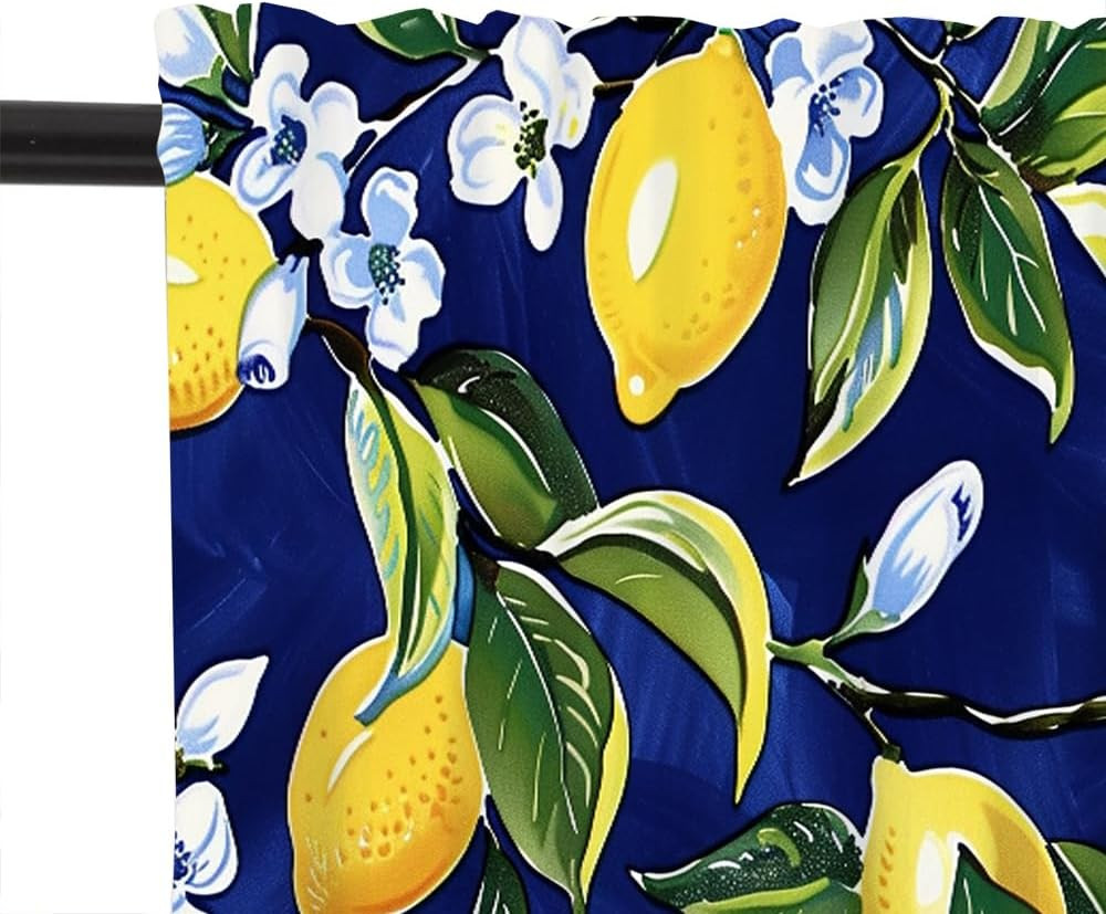 2 Panel Blue Floral Yellow Lemon Window Valances, Nature Food Fruit Window Treat
