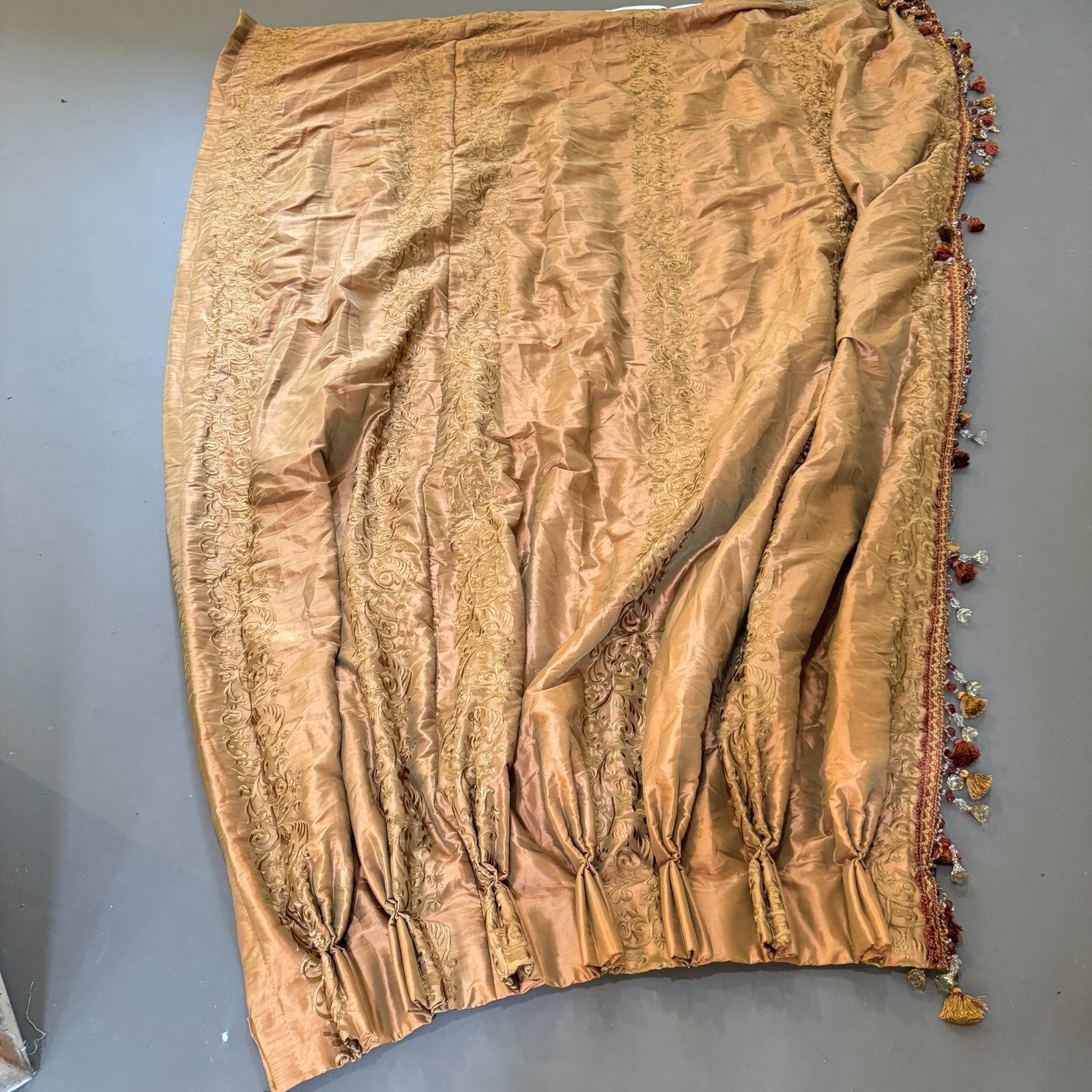 custom pinch pleat drape curtain panel brown damask floral beaded edge