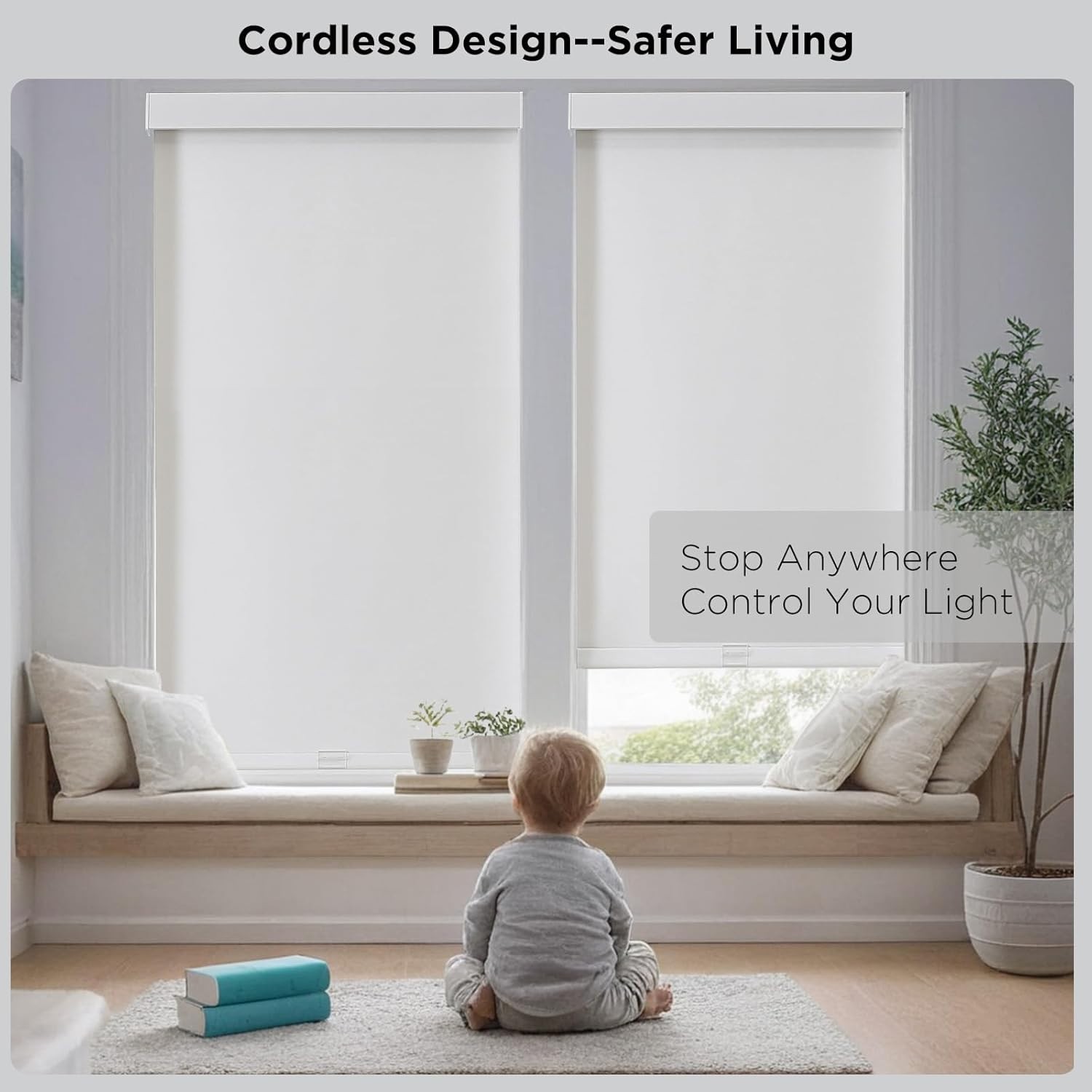 100% Blackout Roller Shades (Pro), Free-Stop Cordless Blinds 45″ W x 75″ H