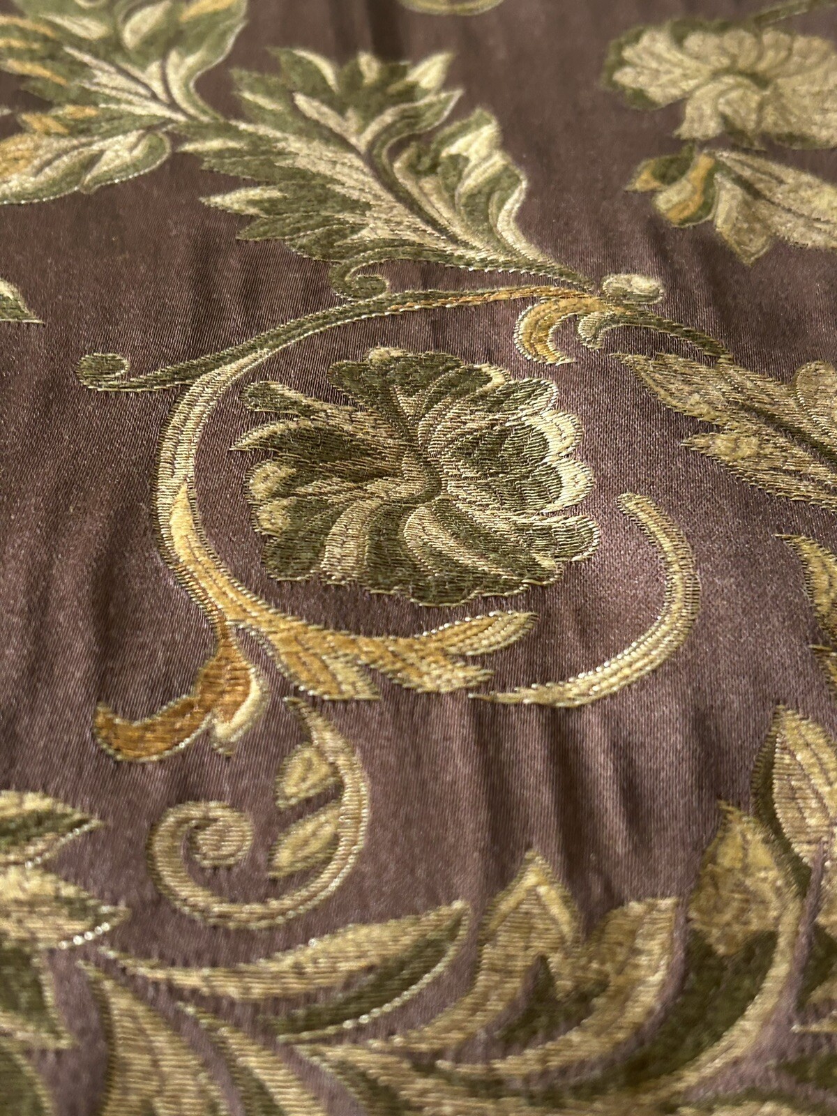 3 Custom Brocade Drapery Panels Pleated Lined 88”L Gold & Olive Green On Brown