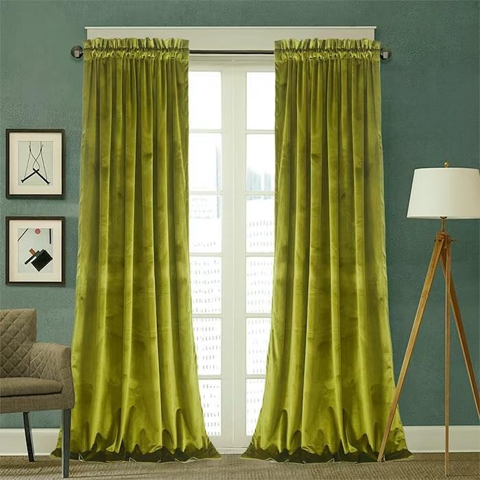 Olive Green Velvet Curtain 84 inch Long – Curtains Block Light Thermal Insula…