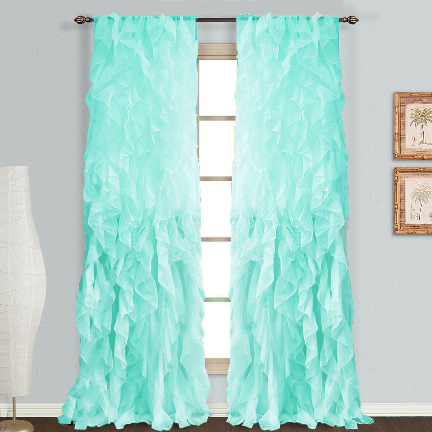 Sea Blue Cascade Shabby Chic Sheer Vertical Ruffled Curtain Panel , Valance
