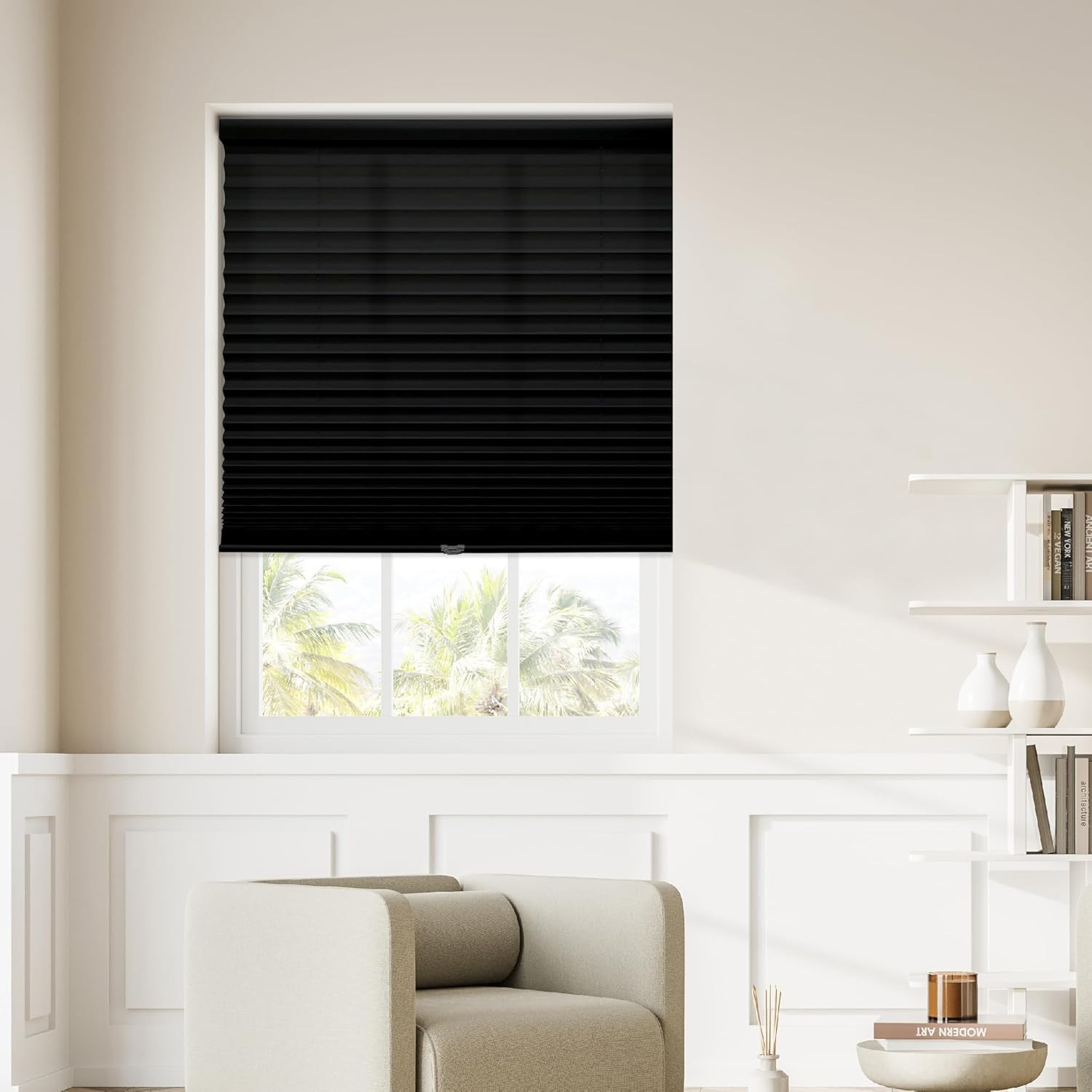 Cordless 1″ Light Filtering Pleated Shade, 70″ W x 48″ H, Black