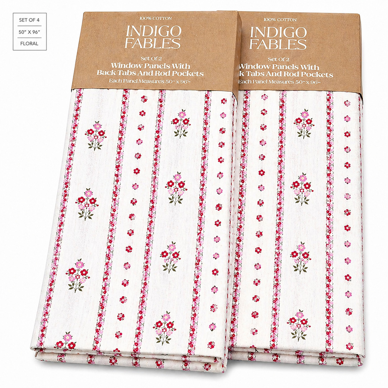 Indigo Fables Set of 4 Petite Floral Cotton Curtains 50×96 Pink White Farmhouse