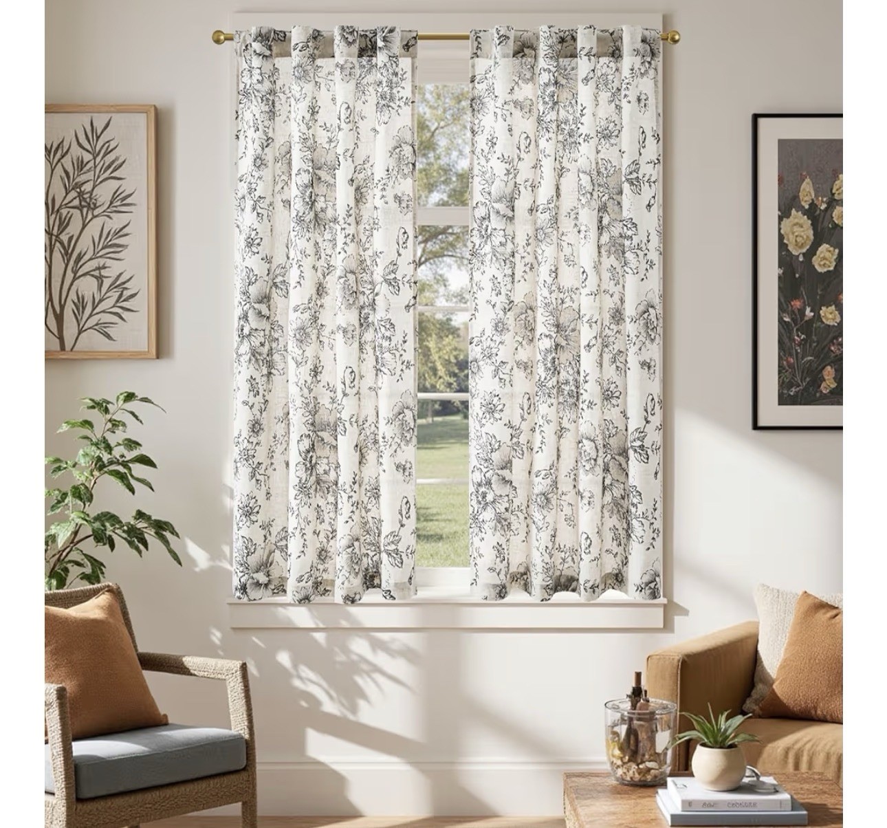 Linen Floral Tier Curtains 38x45L”Beige/Black 2 Panels