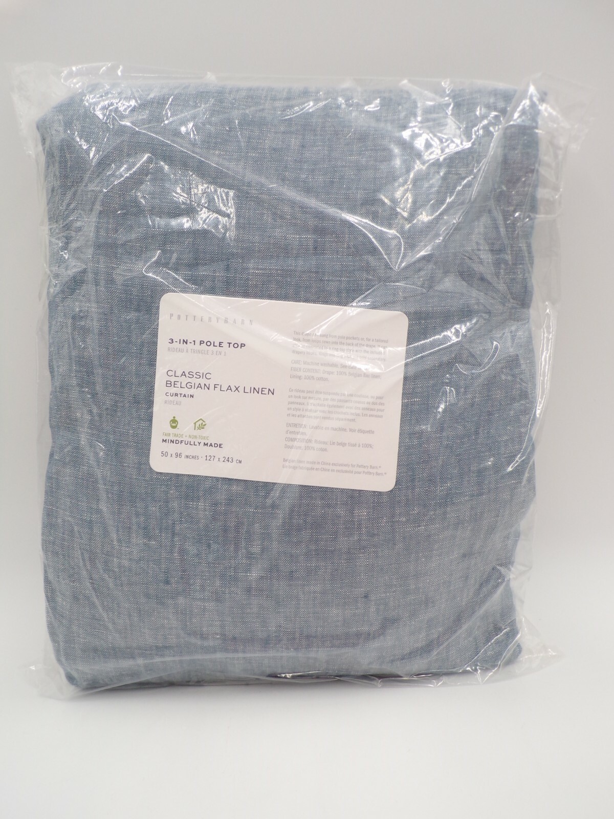 Pottery Barn Classic Belgian Drape Cotton Lined Blue Chambray 50x 96″ A1014