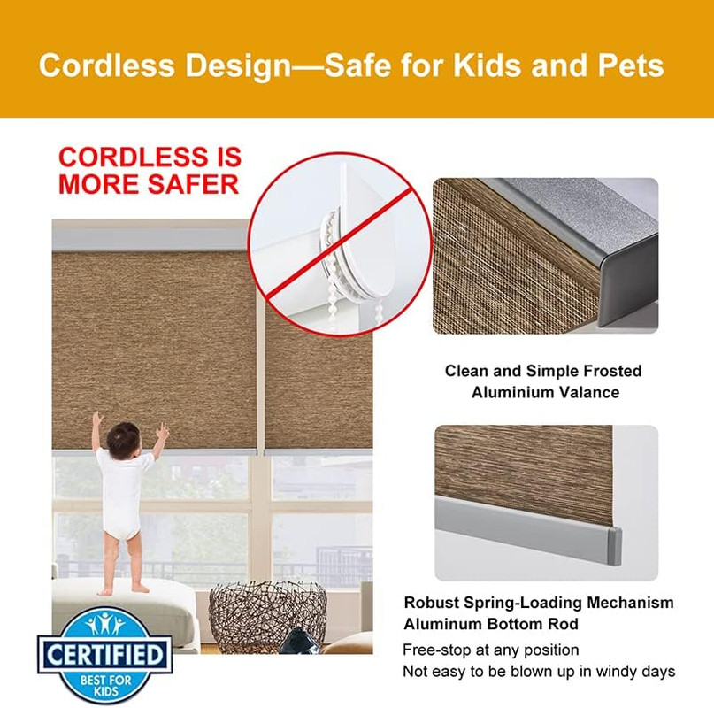 Free-Stop Cordless Roller Shades Light Filtering Roller Blinds for Windows (Brow