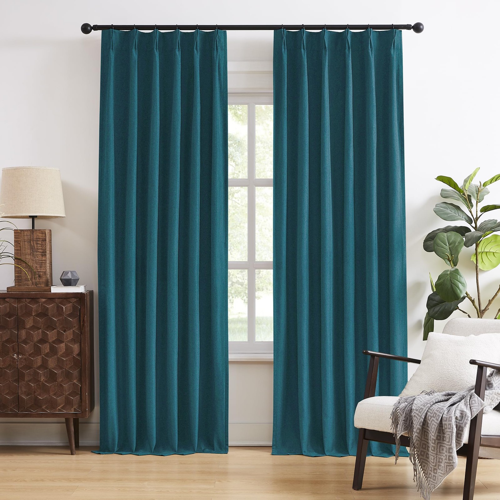 DUALIFE Dark Teal Blue Pinch Pleated Blackout Curtains 84 Inches Long, Back T…