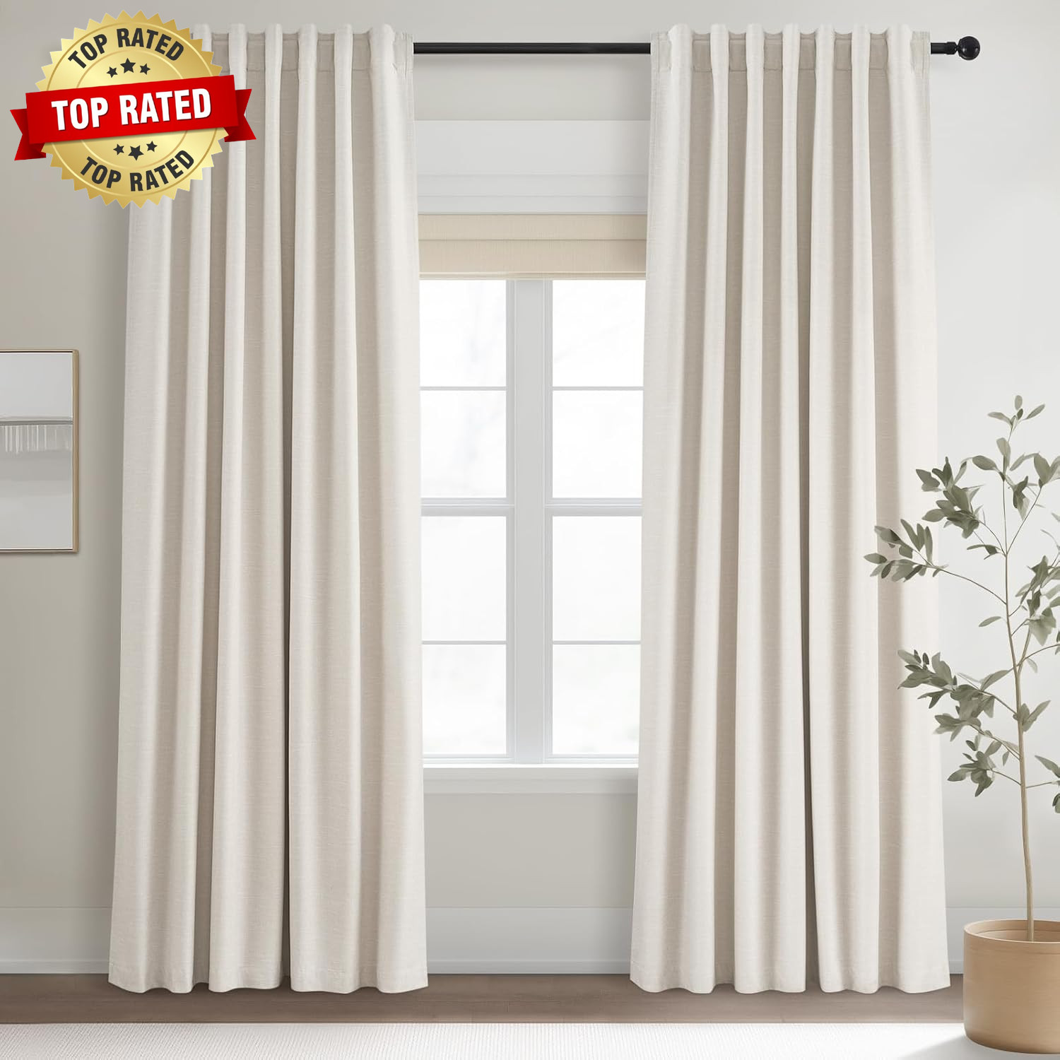 Cream Linen Blackout Curtains 84 Inch Long for Bedroom Living Room, Ivory Pinch