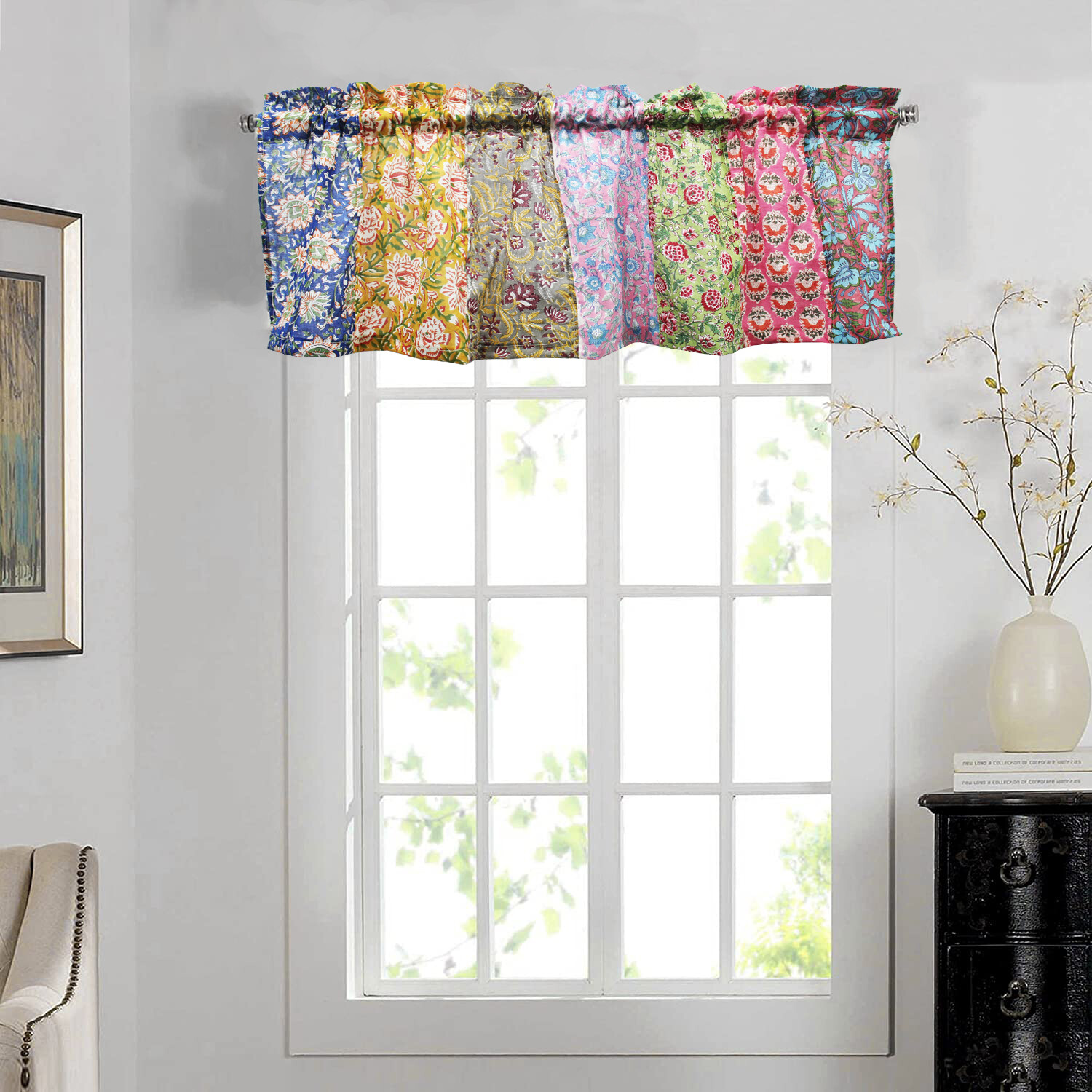 Patchwork Window Curtain Valance Multicolour Floral Rod Pocket Boho Home Décor