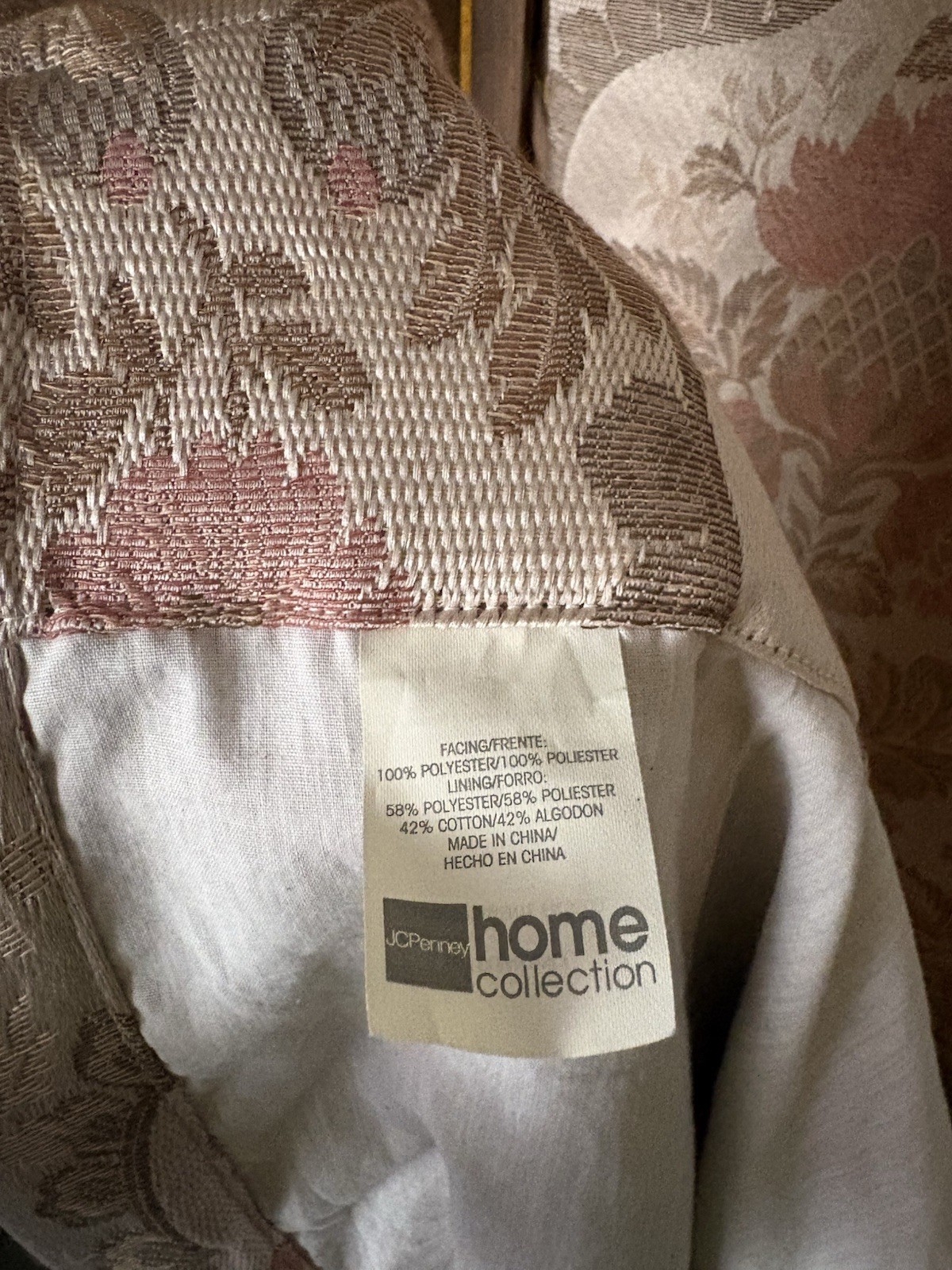 JCPenney Home Collection Lined Floral Curtain Panel Beige Pink Brown 48×84