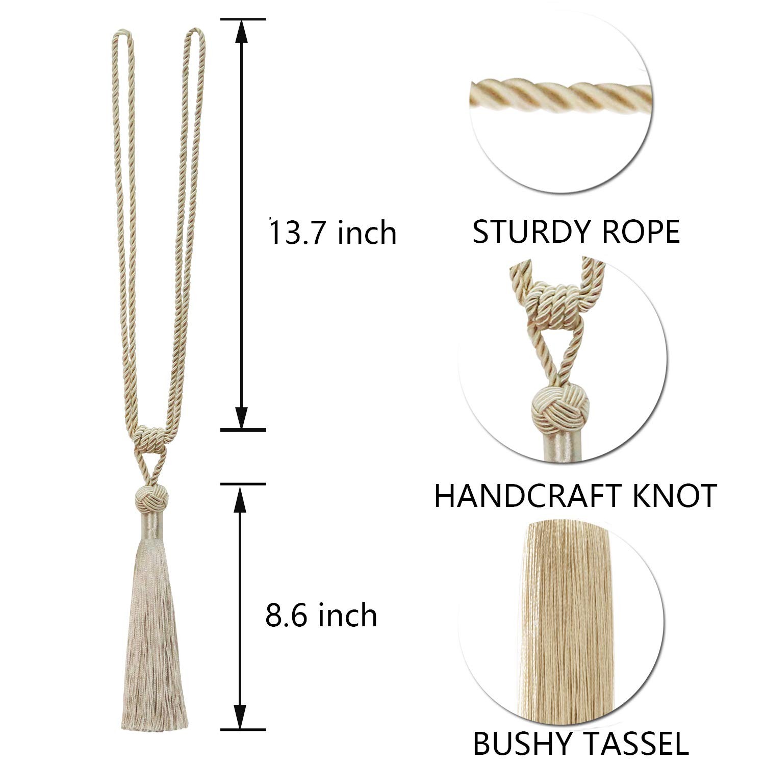 2 Pack Light Beige Curtain Tiebacks, Hand-Woven, Tassels, Decorative Holdbacks