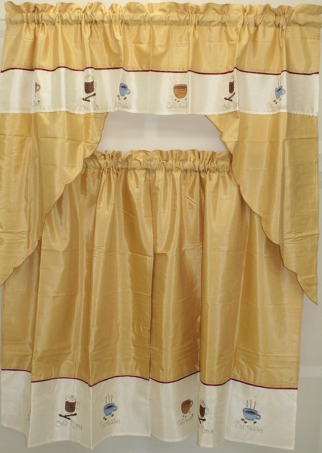 3PC Kitchen Cafe Mocha Espresso Embroidered Tier and Swag Set Faux Silk Fabric