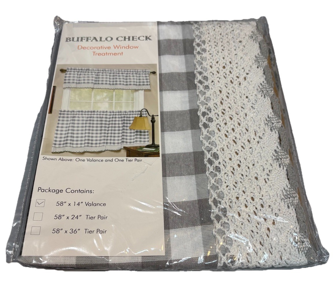 Achim Buffalo Check Valance 58×14 Gray White Farmhouse Macrame NEW