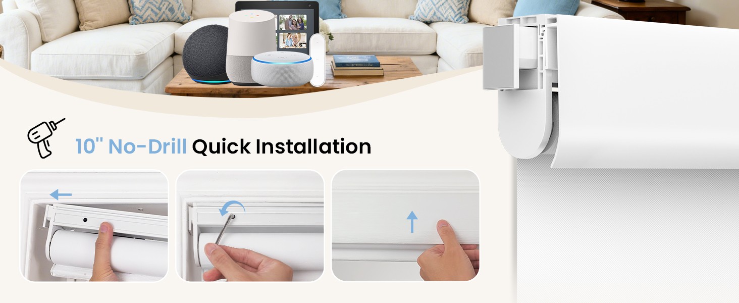 No-Drill No Tools Motorized Blinds with Remote | 34.5×72 White | Electric