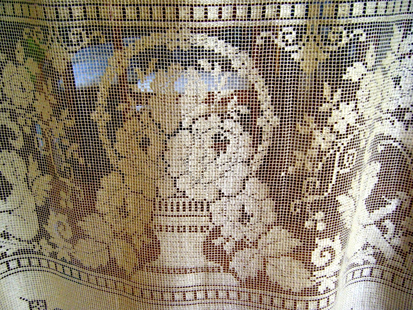 Antique 19c curtain panel darnet silk filet net cherubs flower garland fringes